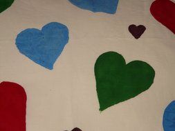 red, green, blue heart forms, painting