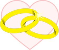 drawing of the yellow wedding rings on the pink heart at white background