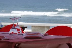 empty table waiting and sea