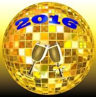 round gold disco ball with glasses of champainge and 2016 in a blue font