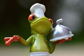 cook, toy frog with a dish on its paw