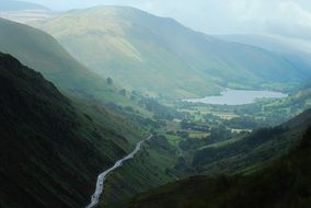 beautiful panorama of highlands mountains and a river and a lake