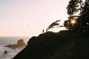 silhouette of a person on a cliff at the beach