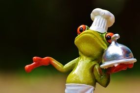 toy frog as cook with dish