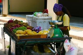 Asian woman with stall of fresh tropical fruits