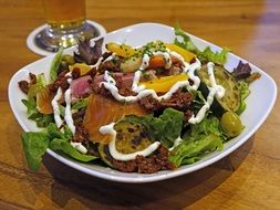 salad, vegetables, smoked salmon