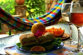 sandwich and wine