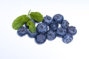 blueberries with green leaves on a white background