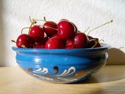 bright red sour cherries in a blue wooden bowl