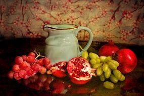 A lot of sweet fruits like grapes and pomegranate