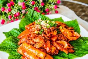 tteokbokgi spicy food on green leaves