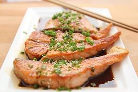 Fried salmon with teriyaki sauce