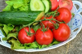 tomatoes and cucumbers and lettuce on a plate