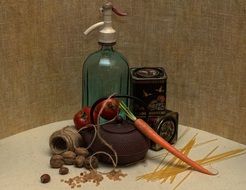 Antique teapot and soda bottle
