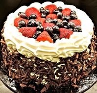 chocolate strawberries, blueberries cake