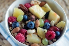 vegetarian breakfast in bowl close-up on a blurred background
