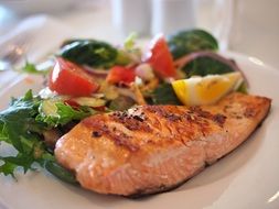 closeup view of delicious dish with salmon and salad