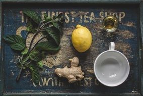 honey, lemon, ginger, mint and empty cup, flat lay