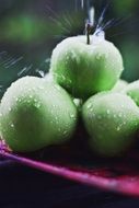 Closeup photo of Raindrops on a green apples