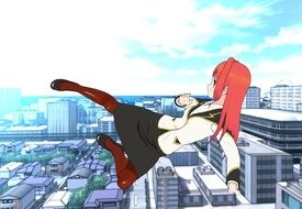 Anime Girl in the pose of the flight over the city