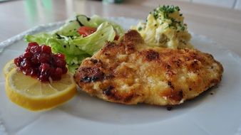 meat with potato salad and vegetables
