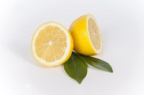 sliced lemon and two green leaves