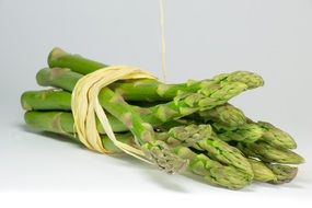 Green fresh asparagus white wall