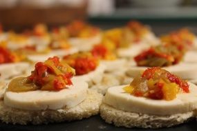 toasts with meat and red and green pepper sauce