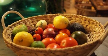 wicker bowl with fruits and vegetables