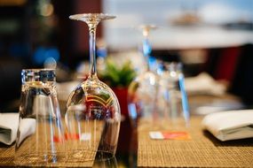 Clear glasses on table in cafe