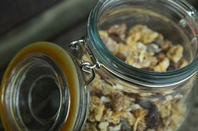 Glass jar of healthy mueslis