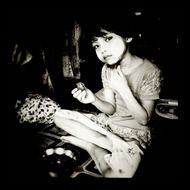 girl eat, monochrome photo