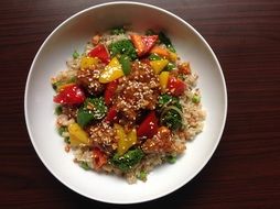 colorful fried rice with paprika and broccoli