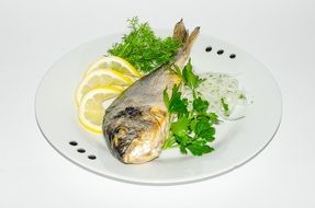 dish of fish with lemon and greens