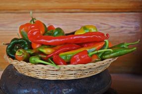 colorful ripe peppers in a wicker basket in the kitchen