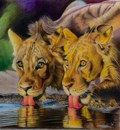 lions at the watering hole as digital art