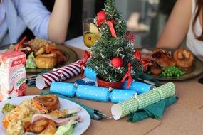 Christmas dinner and decoration on the table