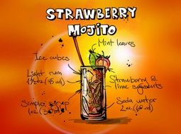 drawing of strawberry mojito cocktail drink with recipe