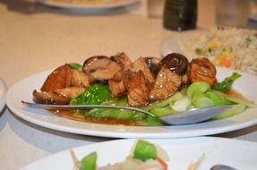 Chinese appetizing food with a spoon in a white plate