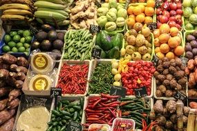 boxes with fruits and vegetables on the market