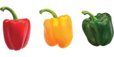 three red, yellow and and green bell peppers in row on white background