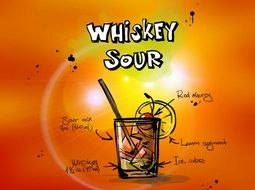 drawing of whiskey sour cocktail, alcohol drink with recipe