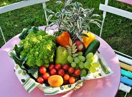 Colorful basket with garden fruits and vegetables on the table near the grass