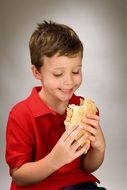 boy is eating a tasty sandwich