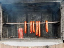 delicious, hot sausages is roasting on the smoke