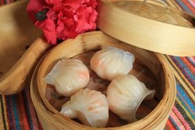 dumplings in wooden bowl