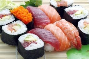 variety of sushi with salmon and shrimp