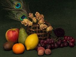 painting of fruits flowers and peacock feather