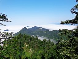 Landscape of mountain peaks and fog in Poland