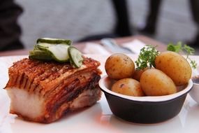 Roast pork belly and potatoes in Copenhagen,Denmark
